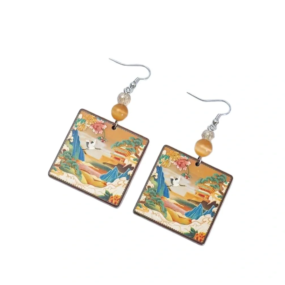 Colorful Crane Mountain Oriental Square Drop Earrings - Picture 2 of 6